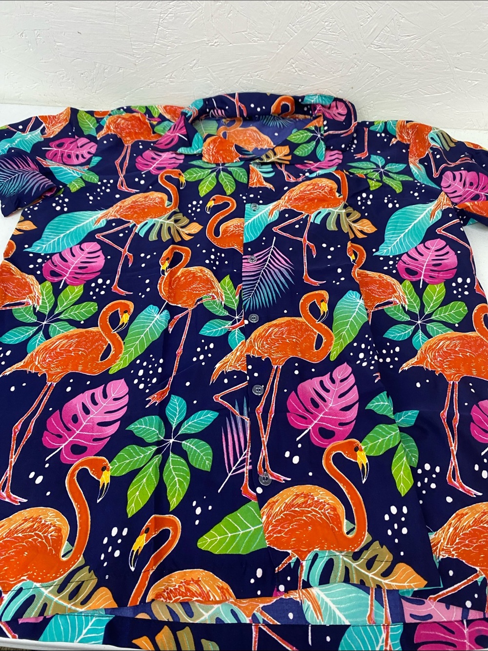 Navy Tropical Flamingo Button-Up Shirt - Bright Orange & Multicolor size large
